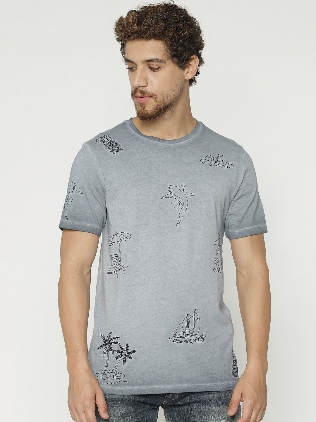 Grey Printed Crew Neck T-Shirt