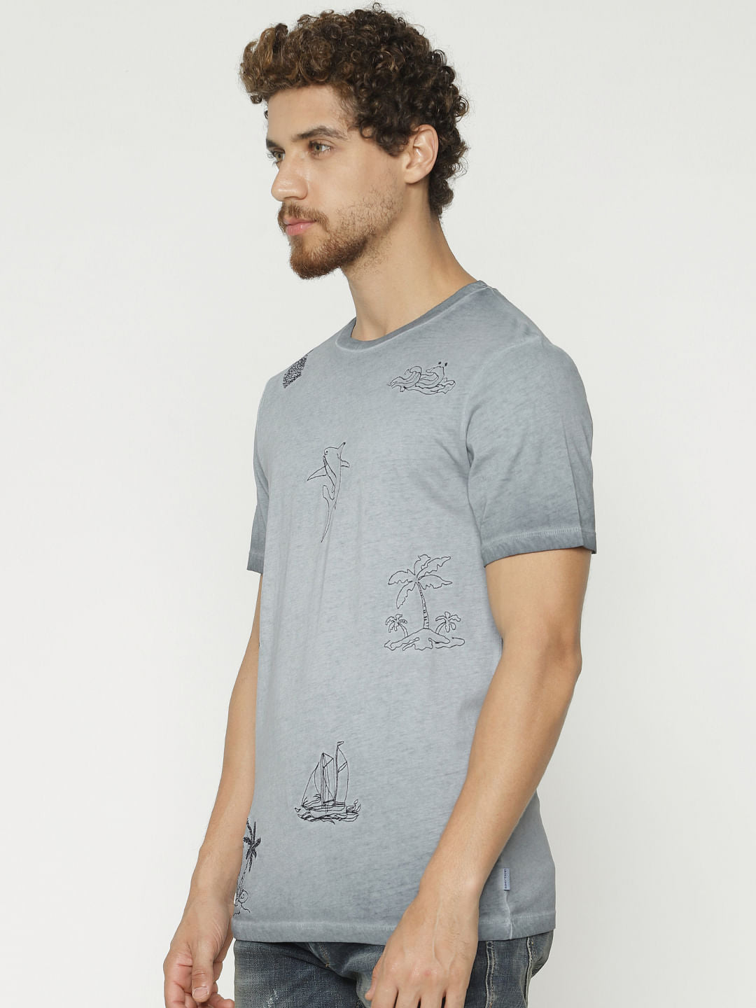 Grey Printed Crew Neck T-Shirt