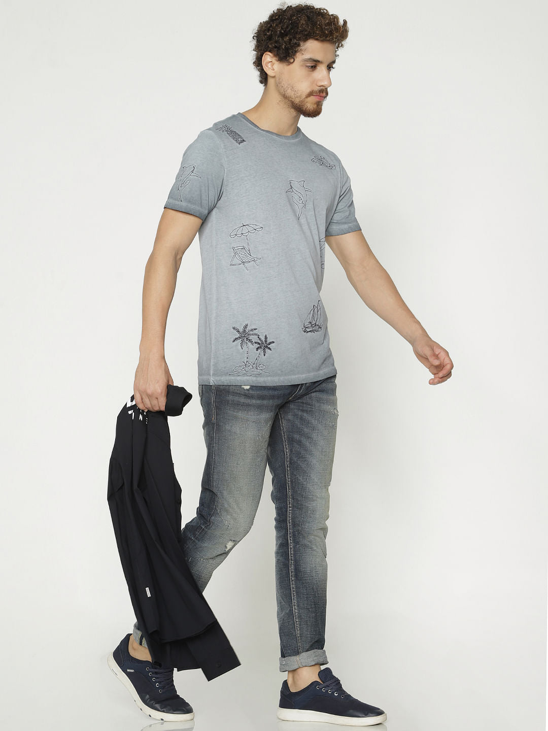 Grey Printed Crew Neck T-Shirt