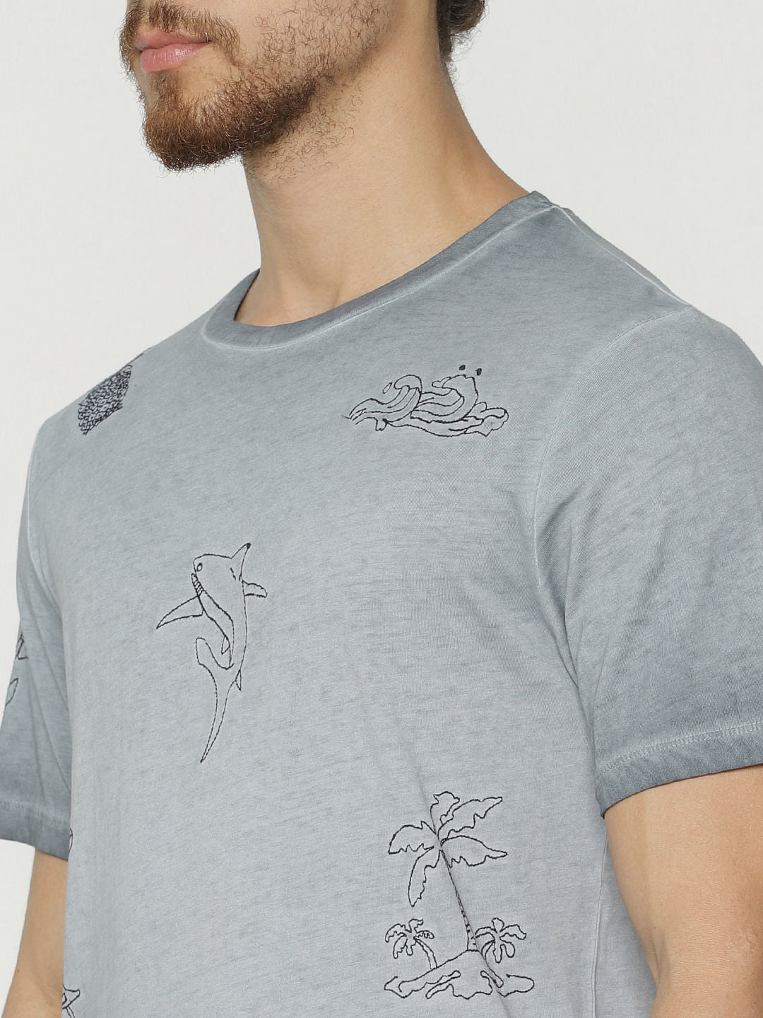 Grey Printed Crew Neck T-Shirt