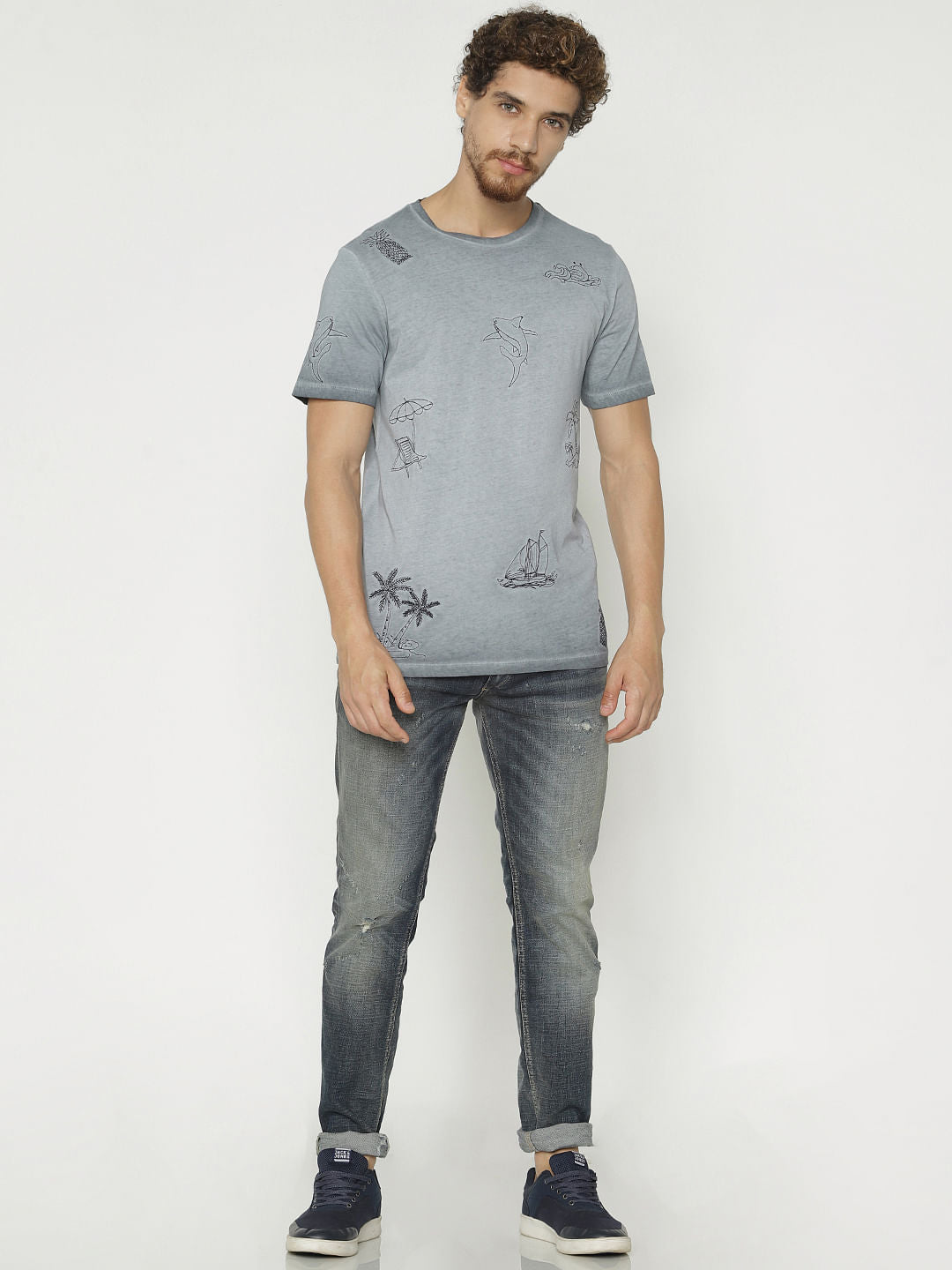 Grey Printed Crew Neck T-Shirt