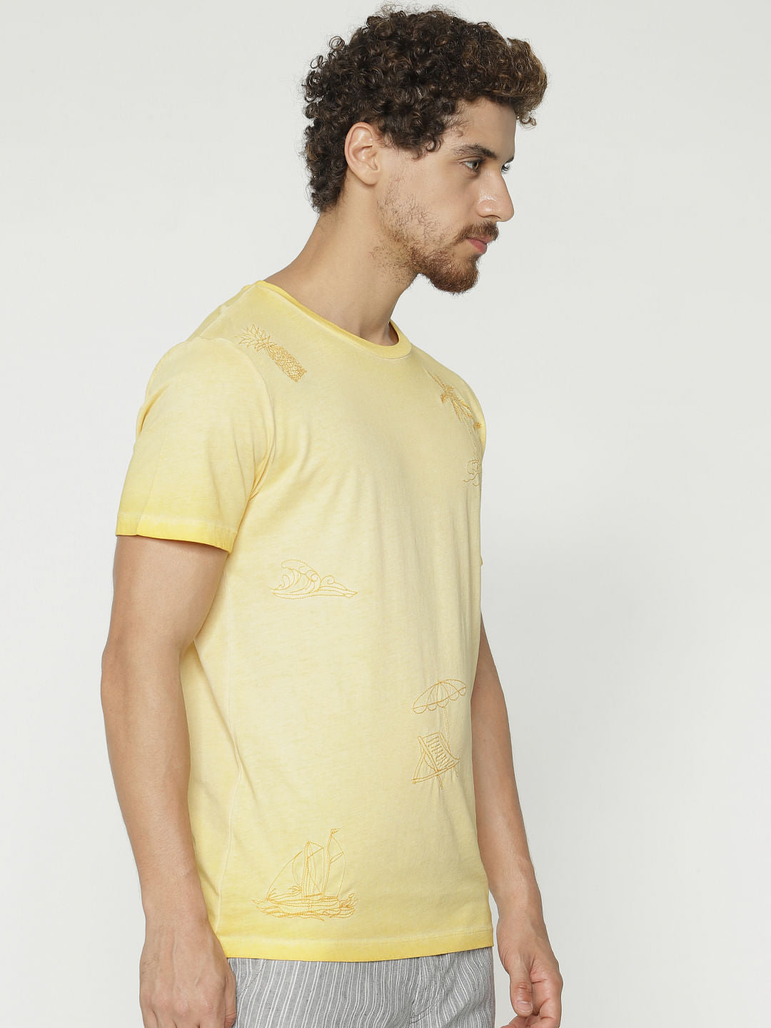 Yellow Printed Crew Neck T-Shirt