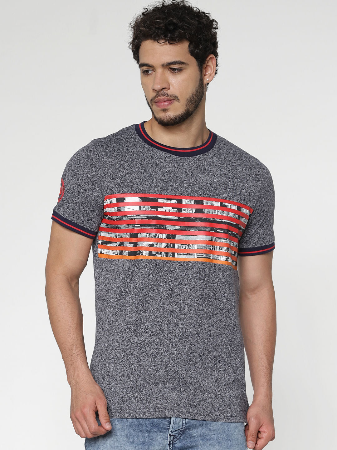 Grey Printed Contrast Tipping Crew Neck T-Shirt - S