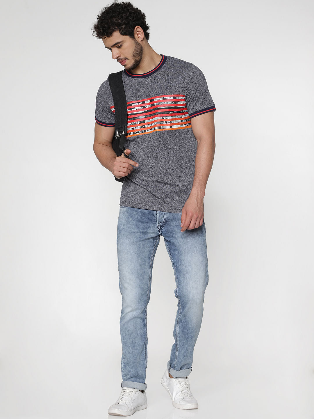 Grey Printed Contrast Tipping Crew Neck T-Shirt