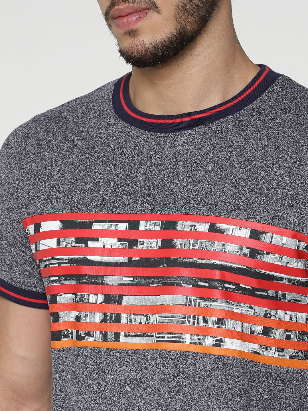 Grey Printed Contrast Tipping Crew Neck T-Shirt