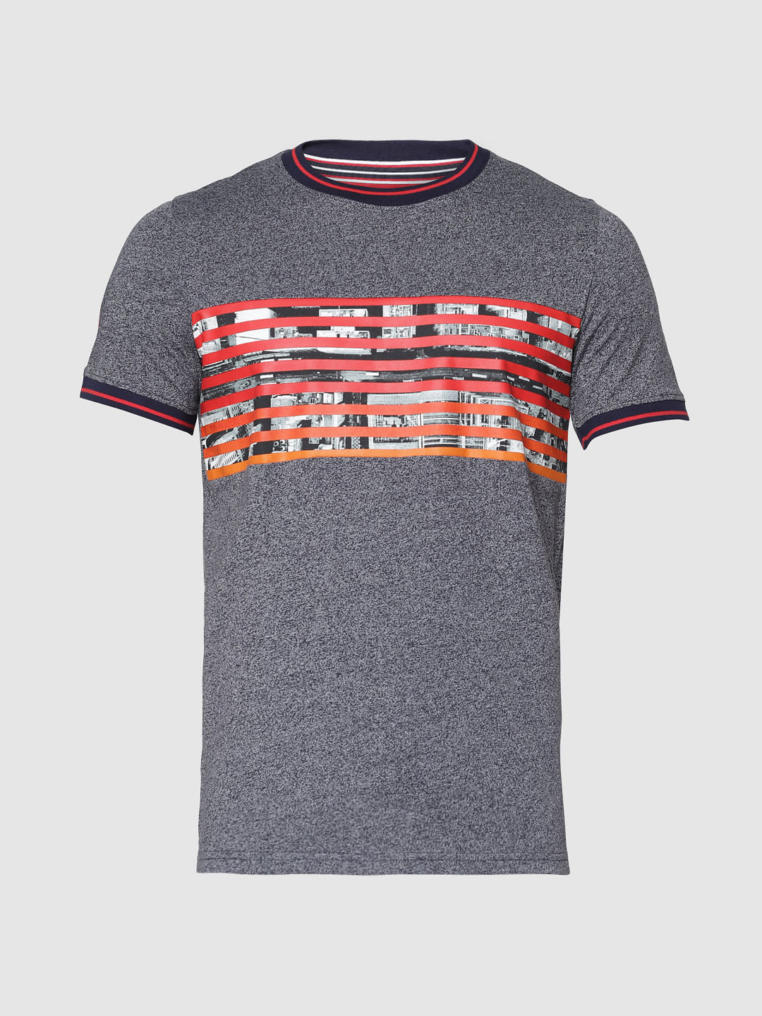 Grey Printed Contrast Tipping Crew Neck T-Shirt