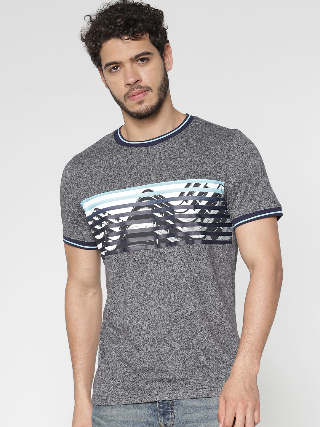 Grey Chest Printed Contrast Tipping Crew Neck T-Shirt - S