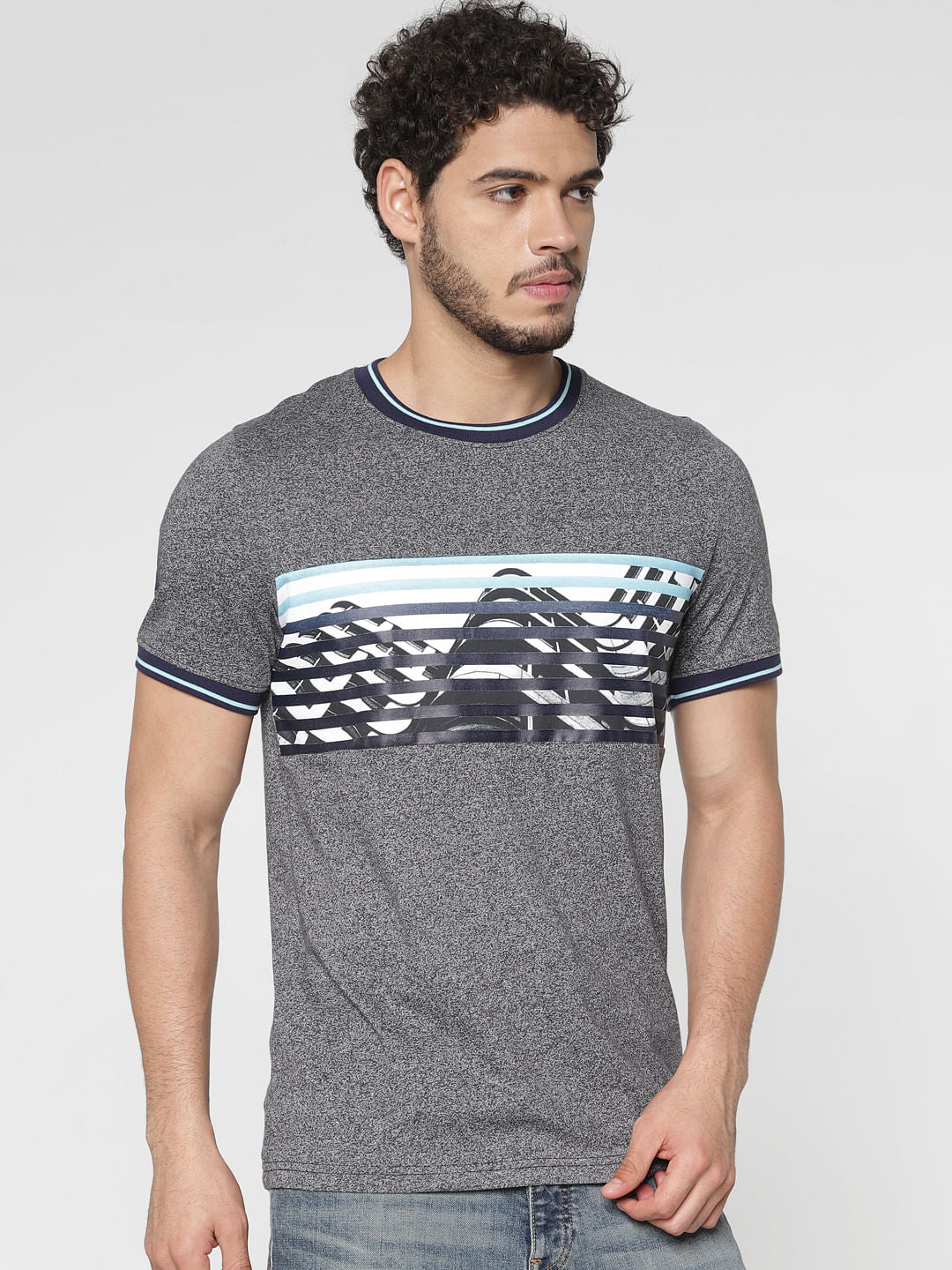 Grey Chest Printed Contrast Tipping Crew Neck T-Shirt