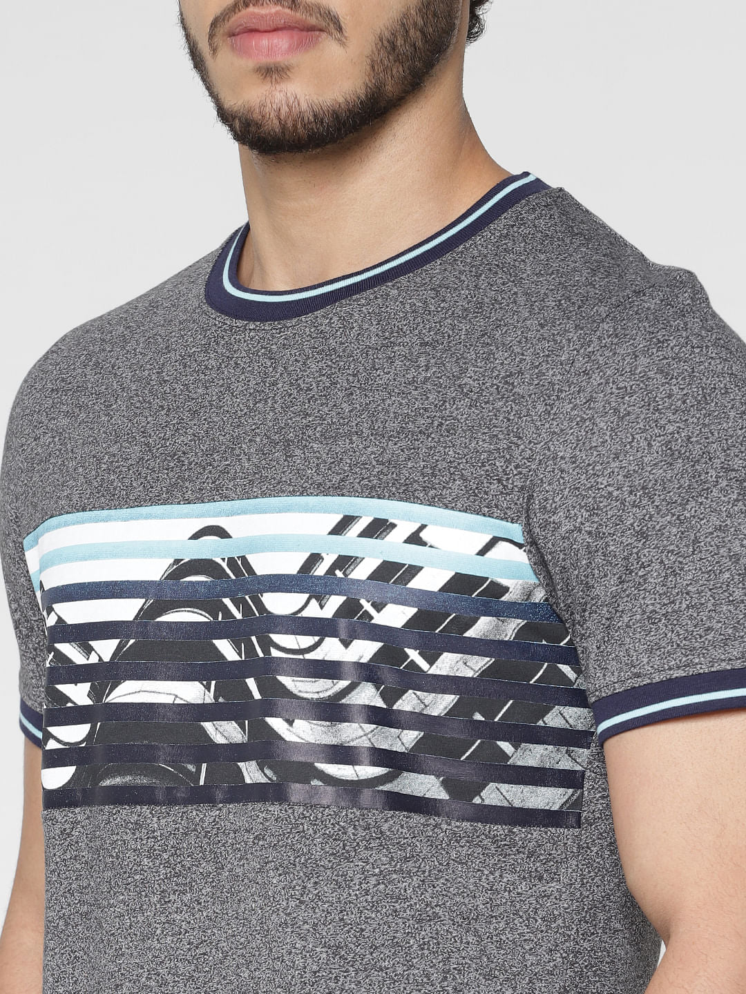 Grey Chest Printed Contrast Tipping Crew Neck T-Shirt