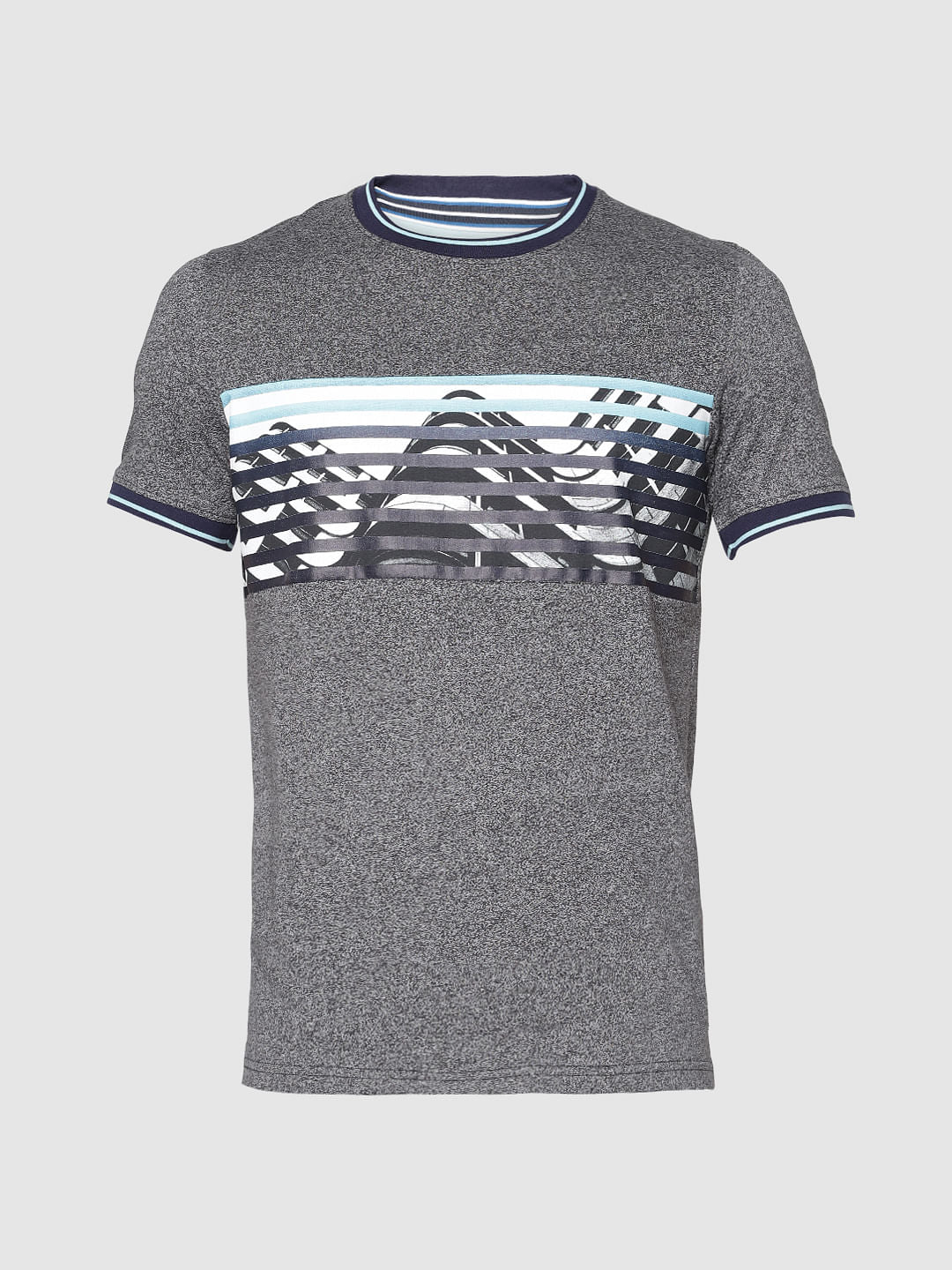 Grey Chest Printed Contrast Tipping Crew Neck T-Shirt