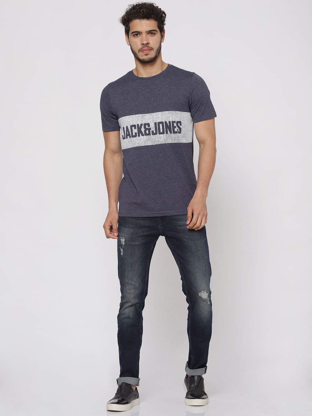 Blue Text Print Crew Neck T-Shirt