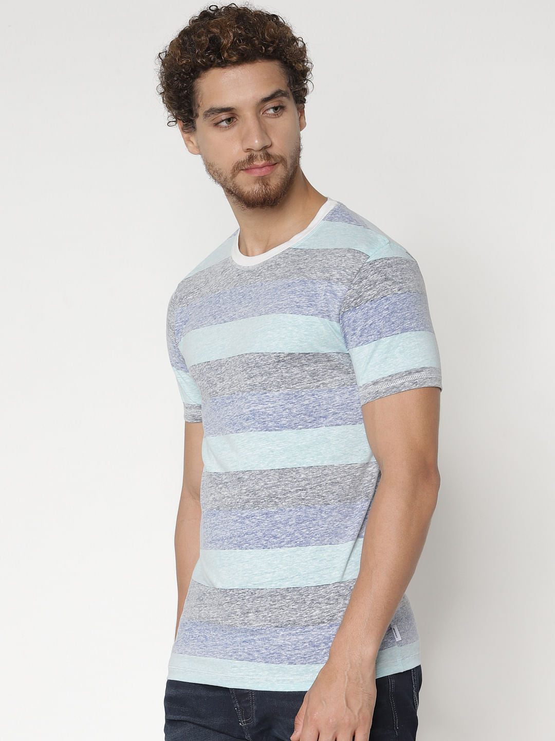 Blue Striped Colour Blocked Crew Neck T-Shirt