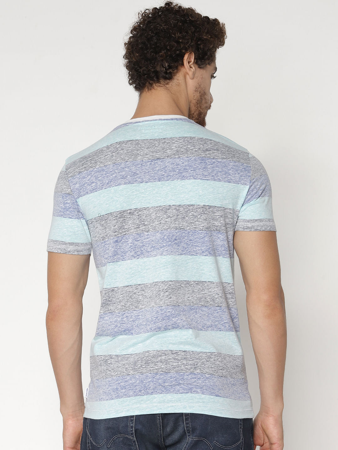 Blue Striped Colour Blocked Crew Neck T-Shirt