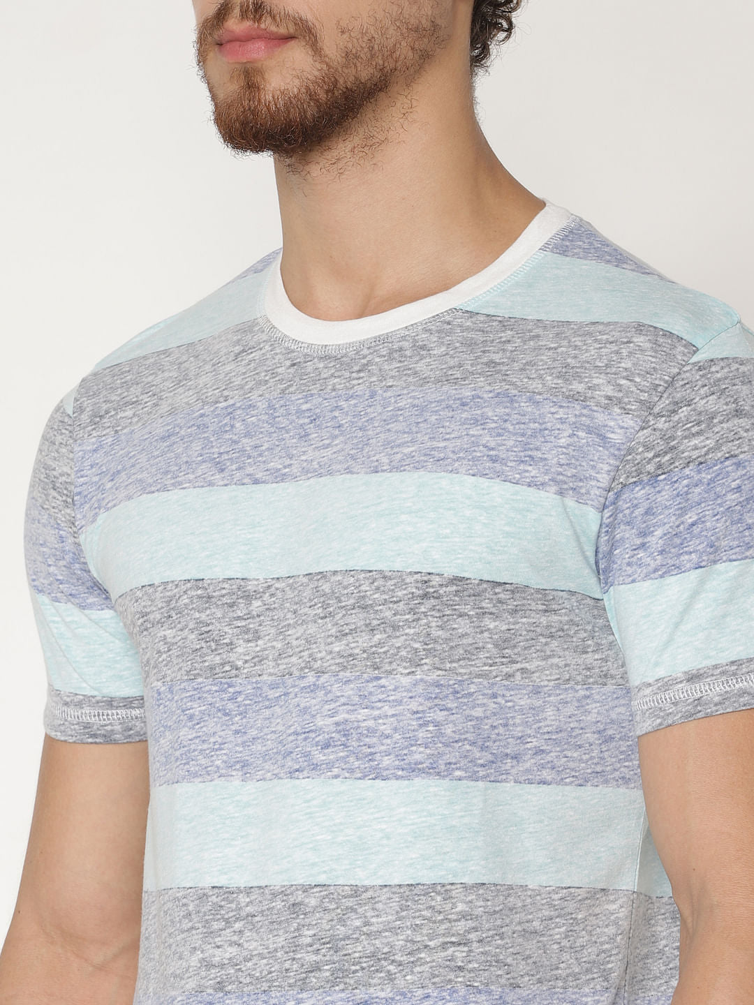Blue Striped Colour Blocked Crew Neck T-Shirt