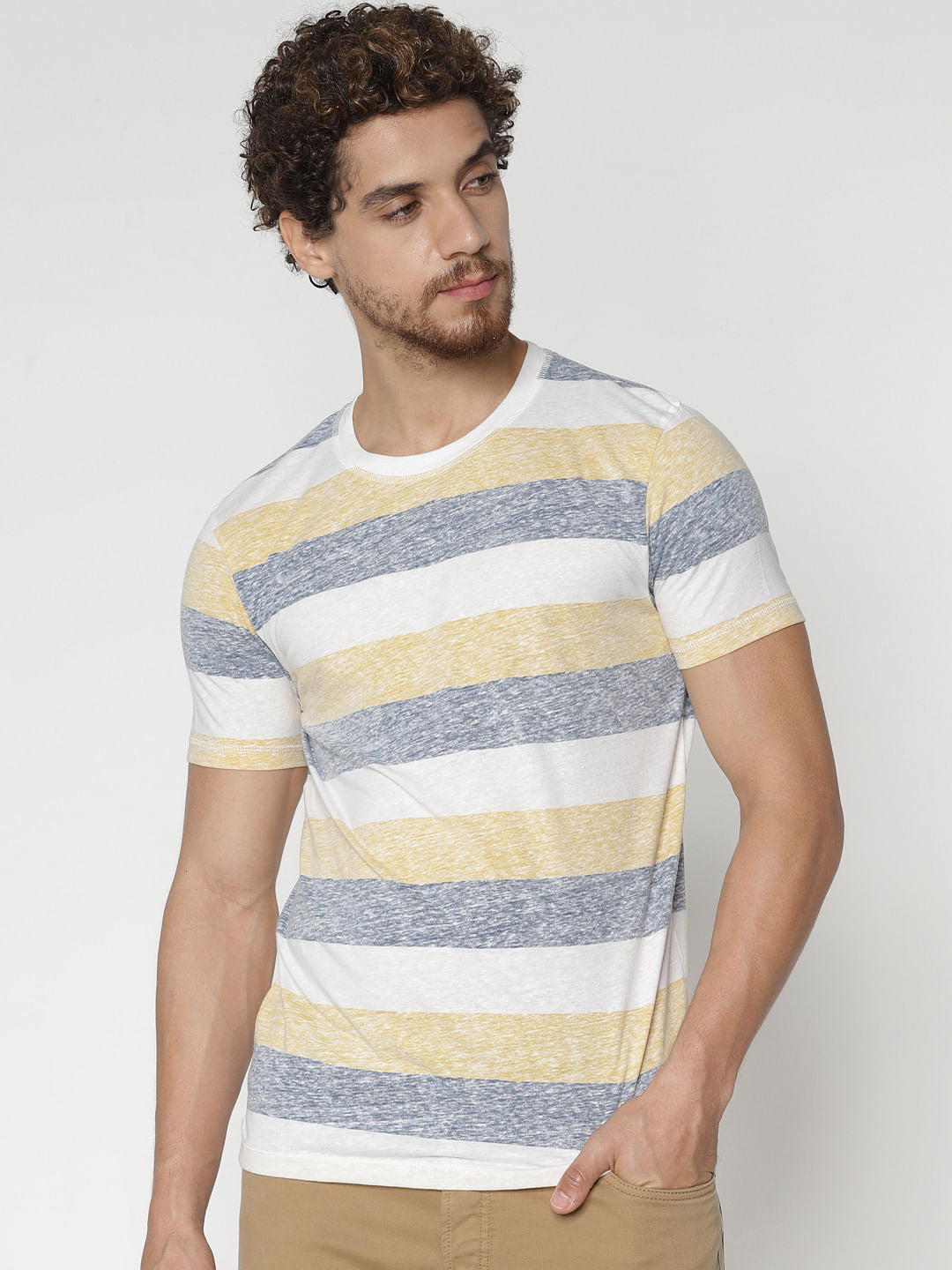 Yellow Striped Colour Blocked Crew Neck T-Shirt