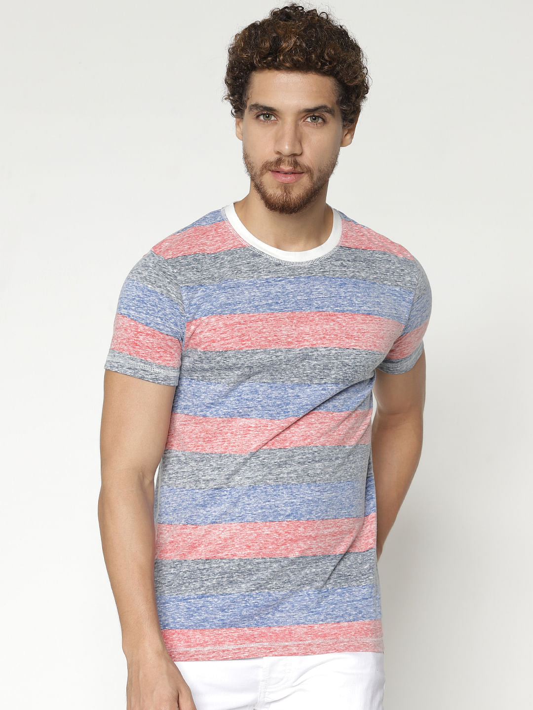 Grey Striped Colour Blocked Crew Neck T-Shirt - S