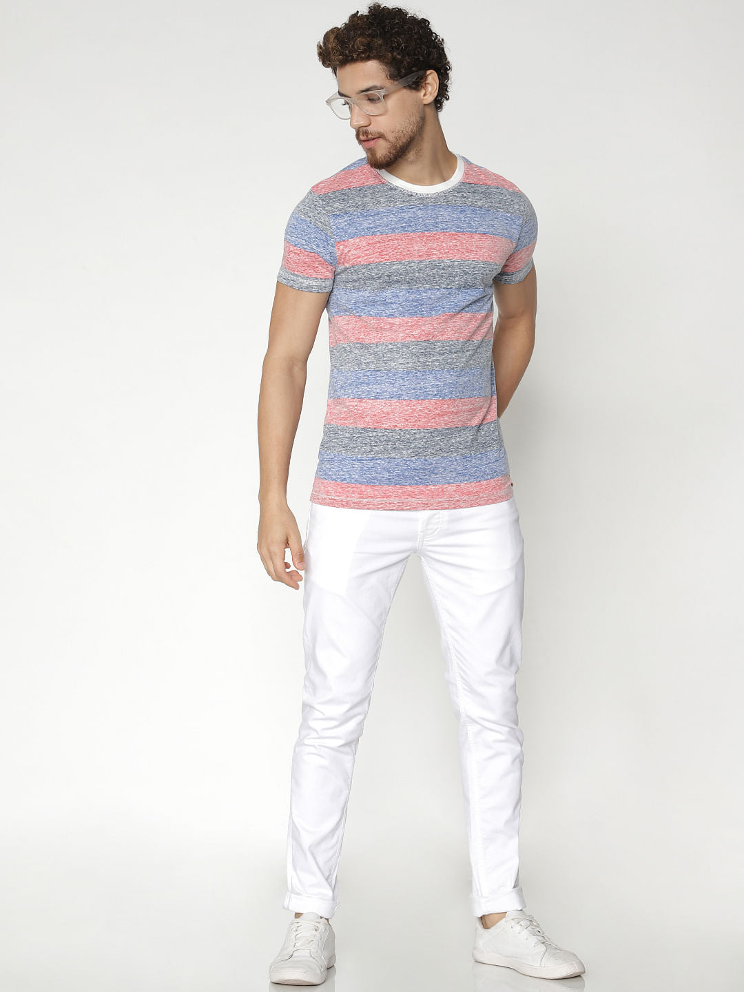 Grey Striped Colour Blocked Crew Neck T-Shirt
