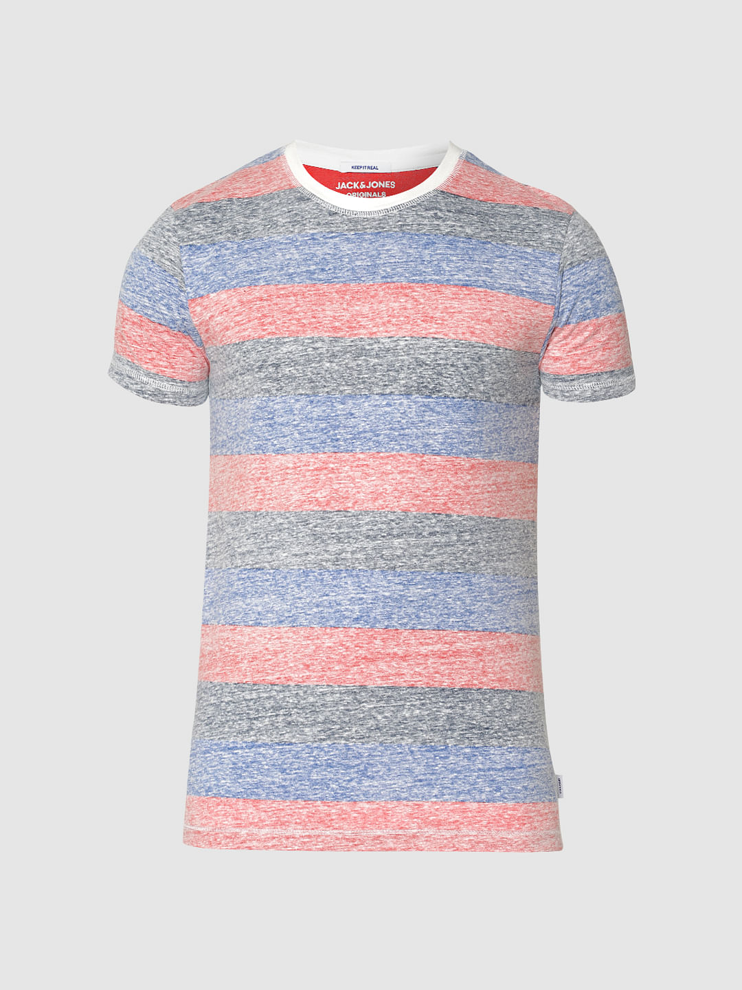 Grey Striped Colour Blocked Crew Neck T-Shirt
