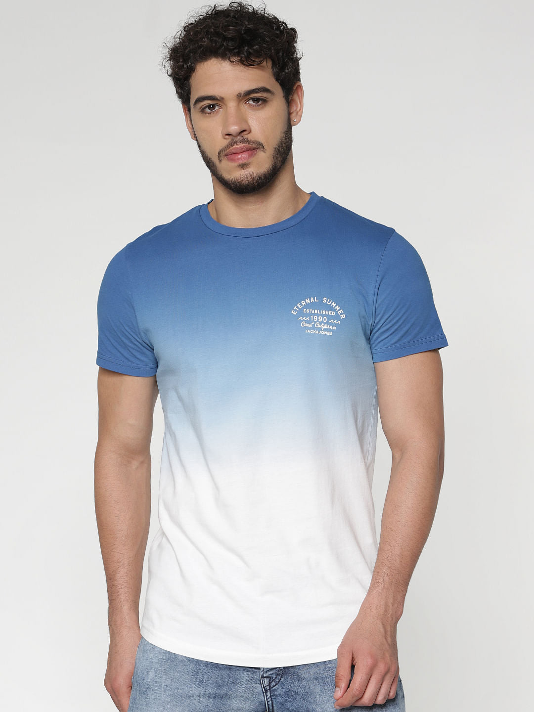 Blue And White Crew Neck T-Shirt - S
