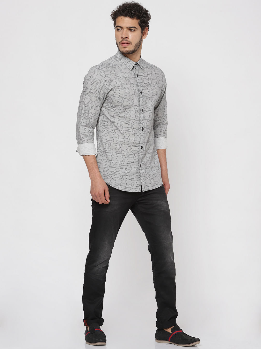 Grey All Over Print Slim Fit Full Sleeves Shirt