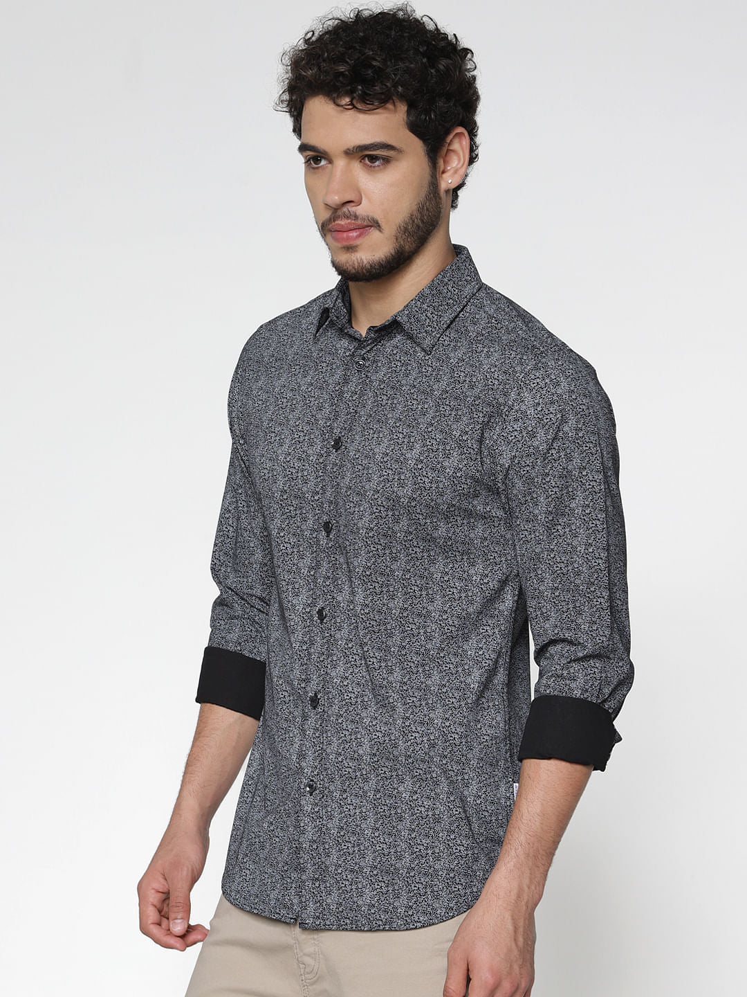Black Printed Slim Fit Full Sleeves Shirt - S