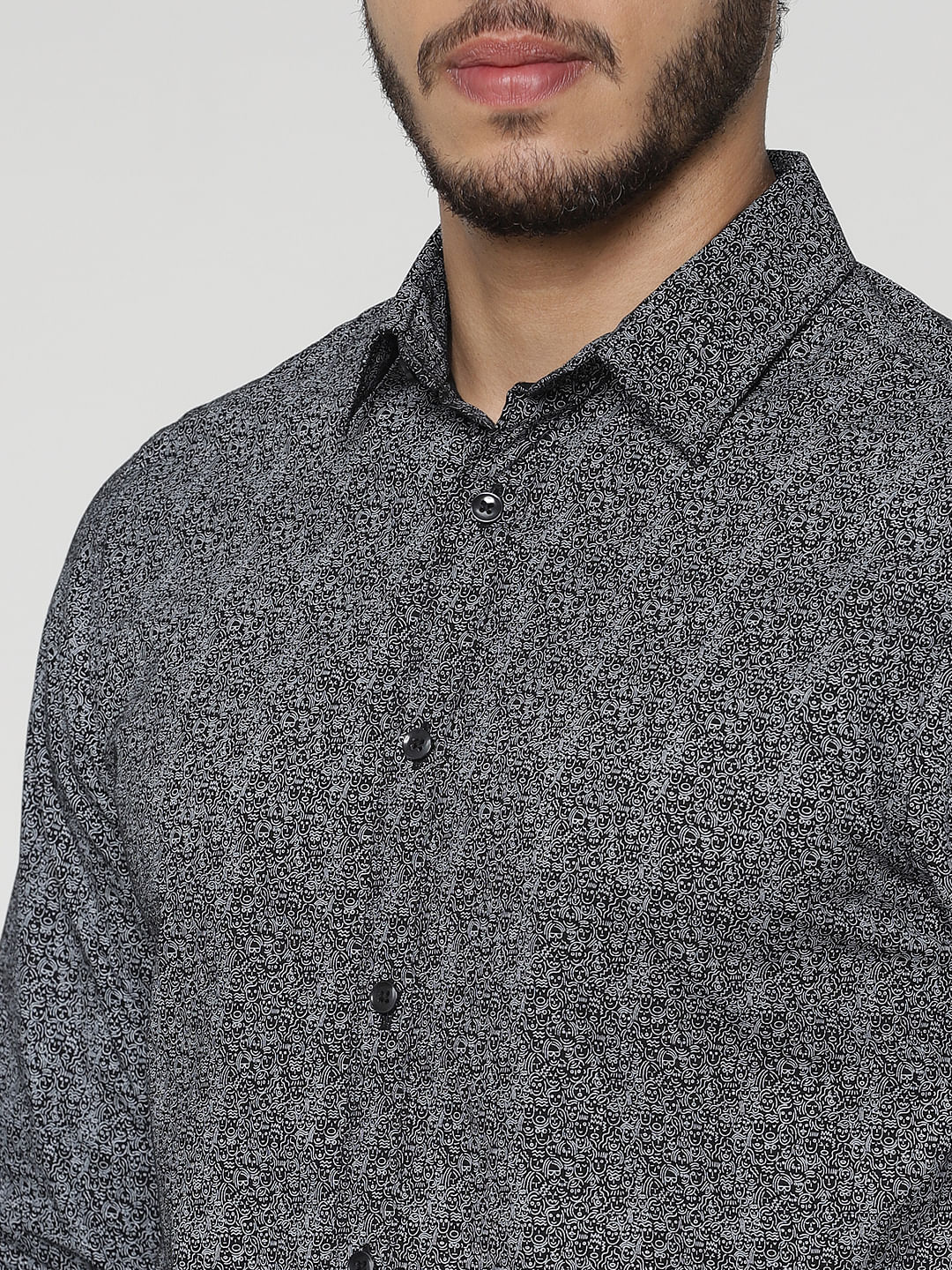 Black Printed Slim Fit Full Sleeves Shirt