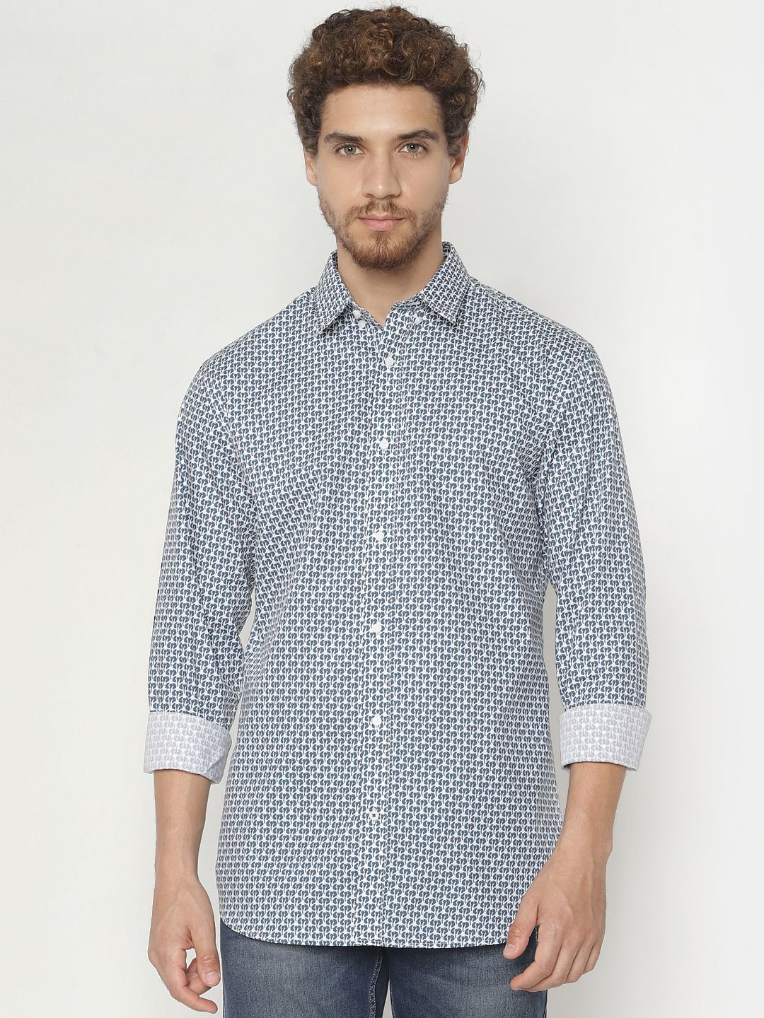Teal Printed Slim Fit Full Sleeves Shirt - S