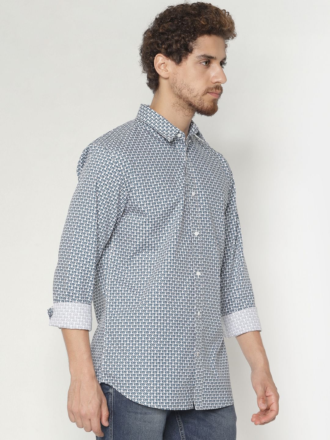 Teal Printed Slim Fit Full Sleeves Shirt