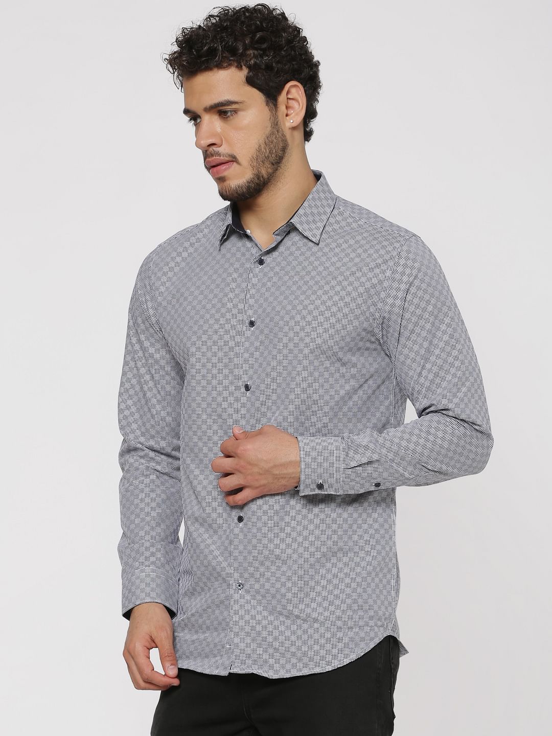 Grey Checks Slim Fit Full Sleeves Shirt - S