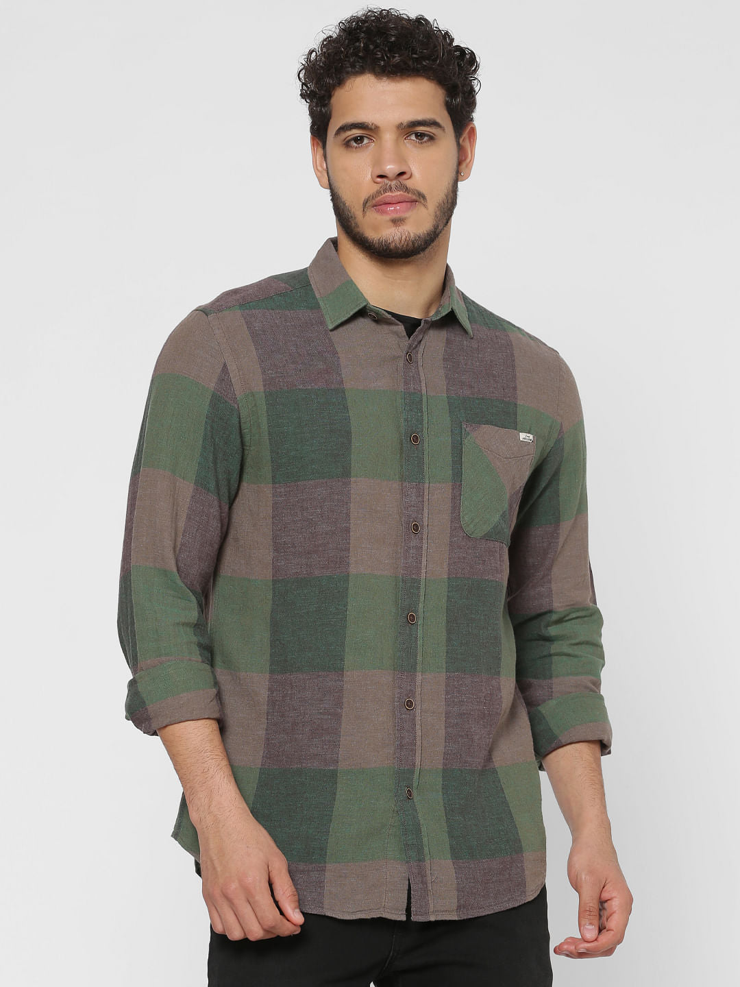 Green Checks Patch Pocket Slim Fit Full Sleeves Shirt - S