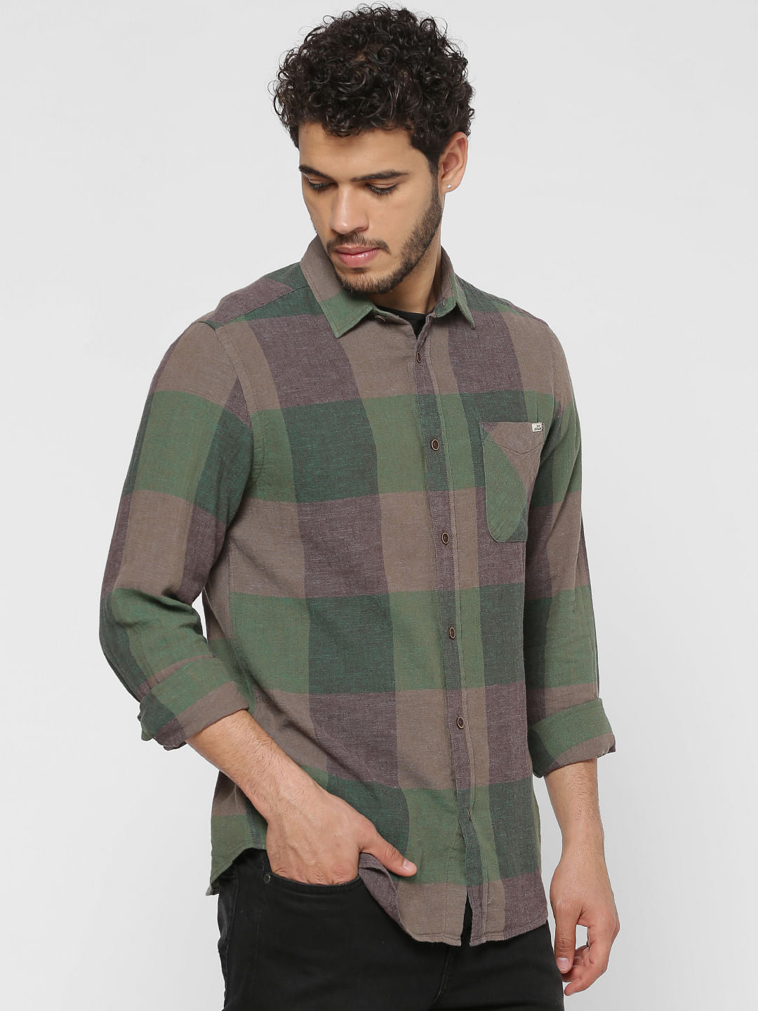 Green Checks Patch Pocket Slim Fit Full Sleeves Shirt