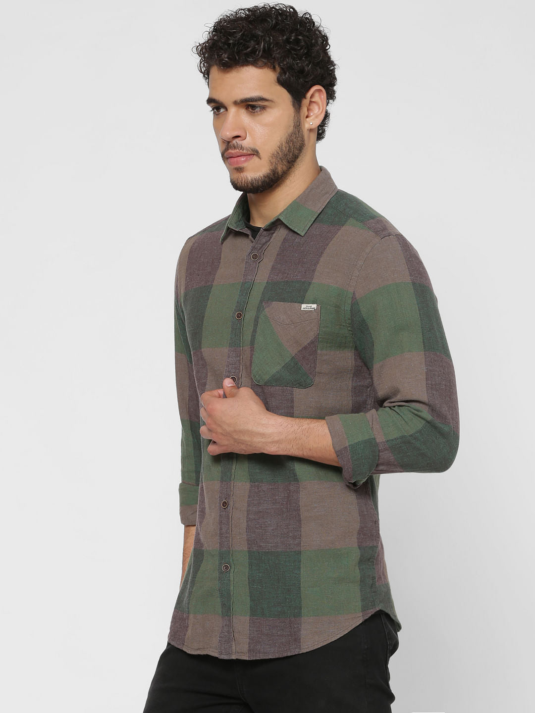 Green Checks Patch Pocket Slim Fit Full Sleeves Shirt