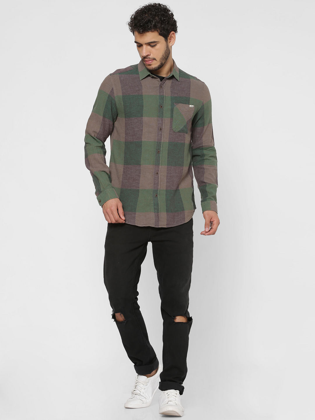Green Checks Patch Pocket Slim Fit Full Sleeves Shirt