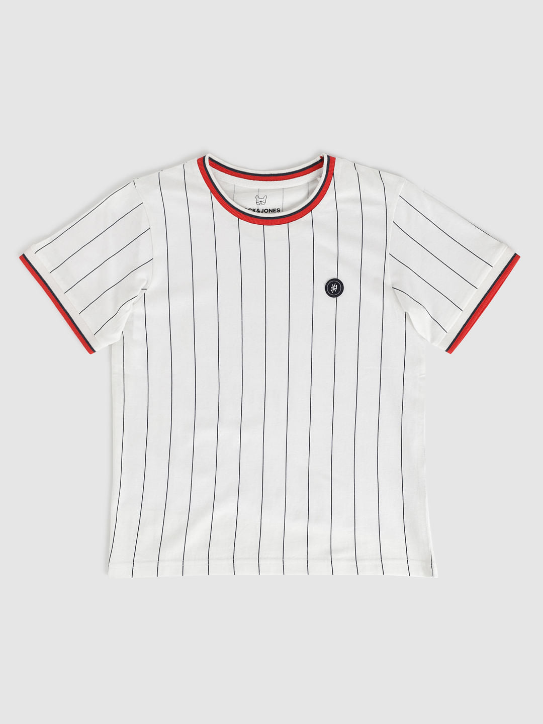 Boys White Striped Contrast Tipping Crew Neck T-Shirt