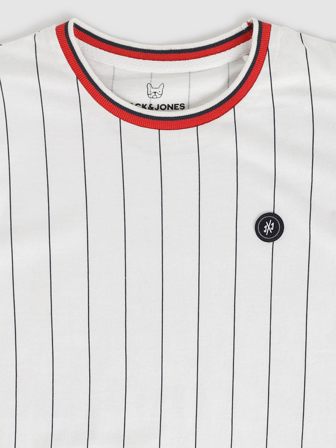 Boys White Striped Contrast Tipping Crew Neck T-Shirt