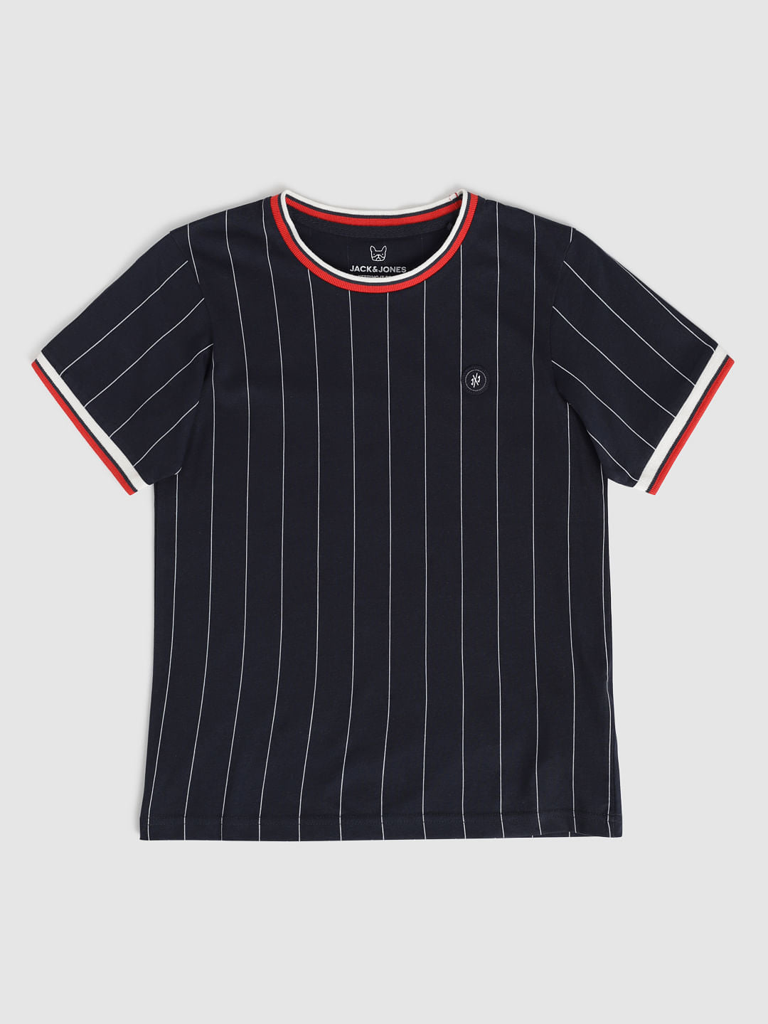 Boys Navy Blue Striped Contrast Tipping Crew Neck T-Shirt - 128/8Y