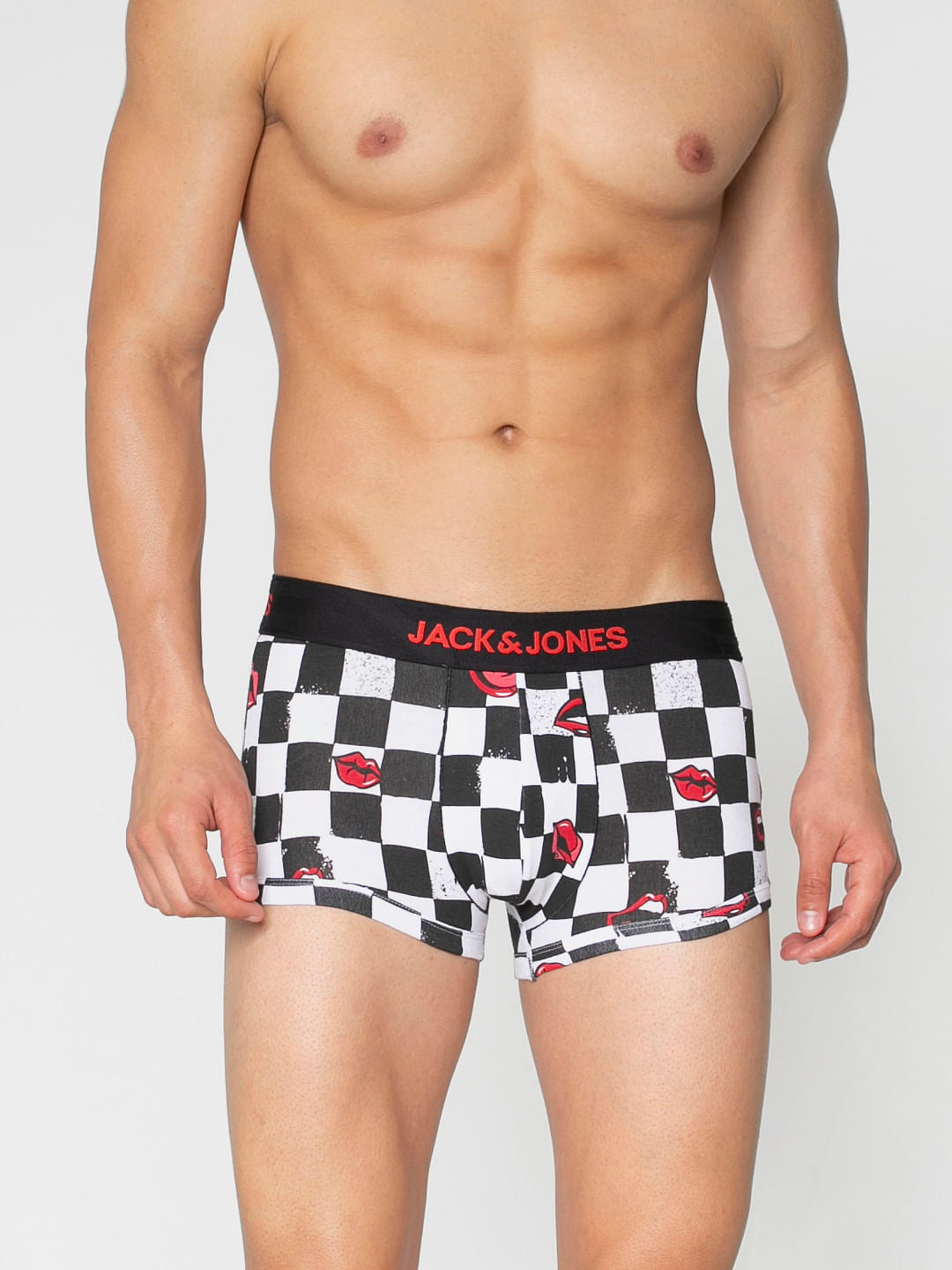 Black All Over Chessboard And Lips Print Brazilian Trunks - S