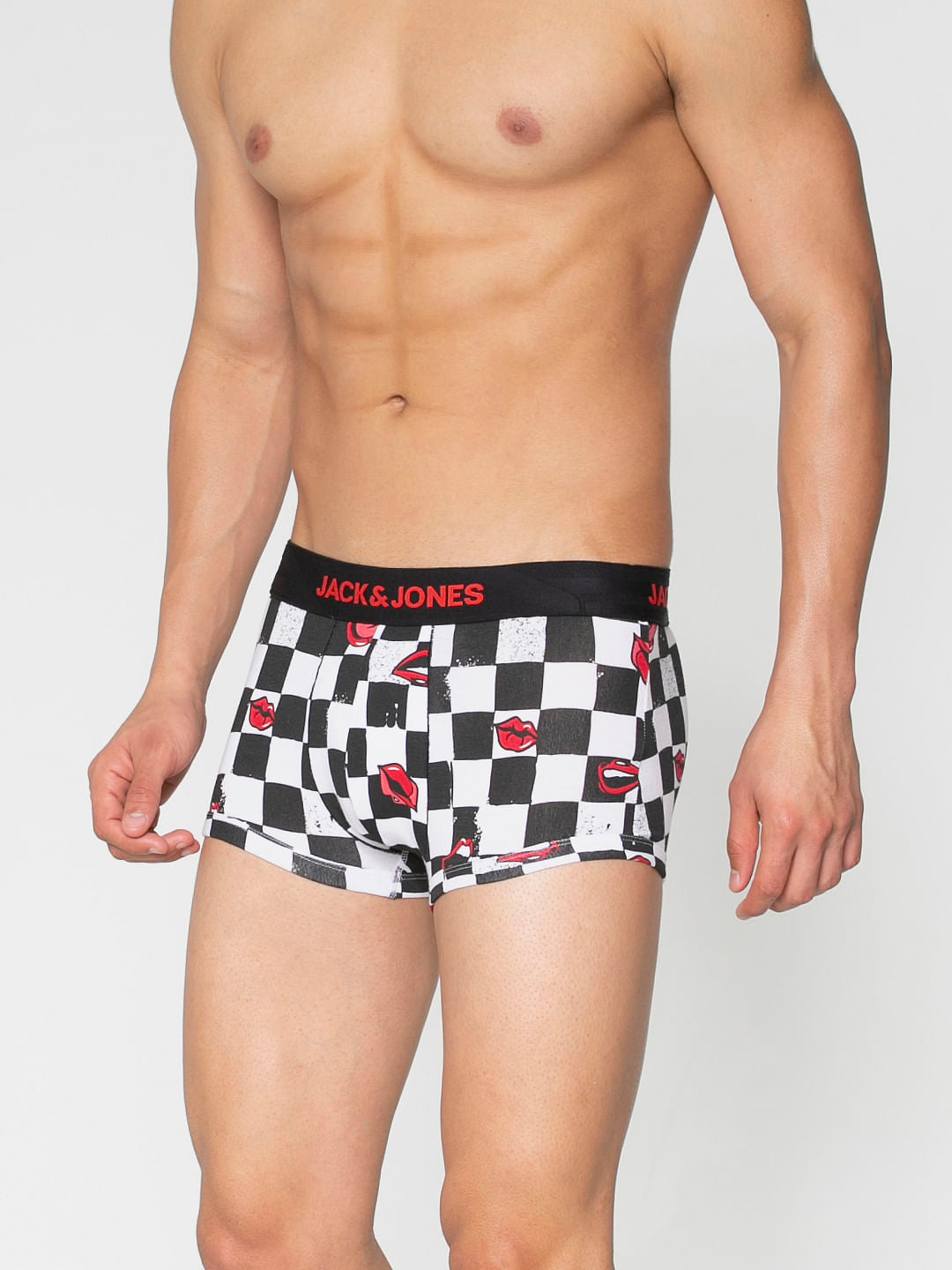 Black All Over Chessboard And Lips Print Brazilian Trunks