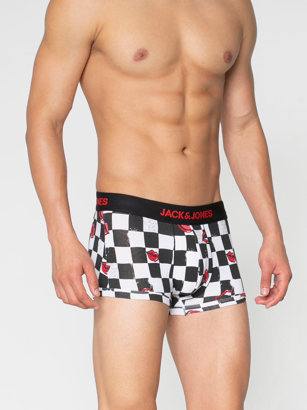 Black All Over Chessboard And Lips Print Brazilian Trunks