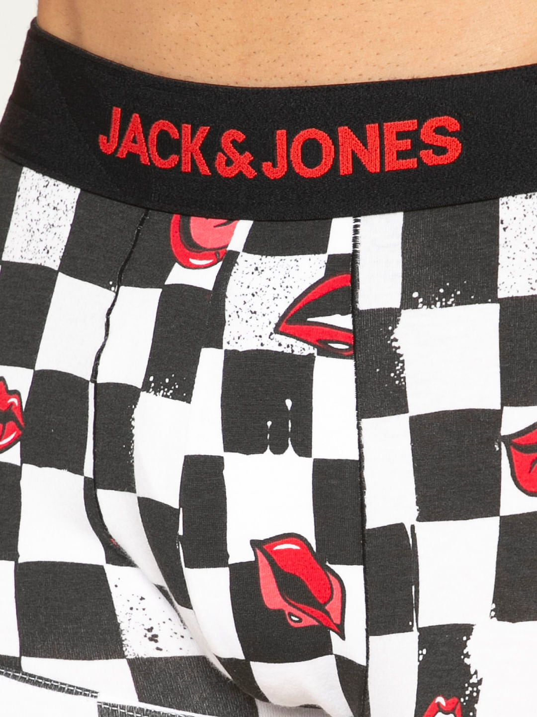 Black All Over Chessboard And Lips Print Brazilian Trunks