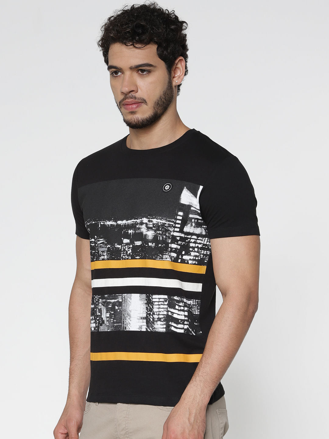 Black Graphic Print Slim Fit Crew Neck T-Shirt