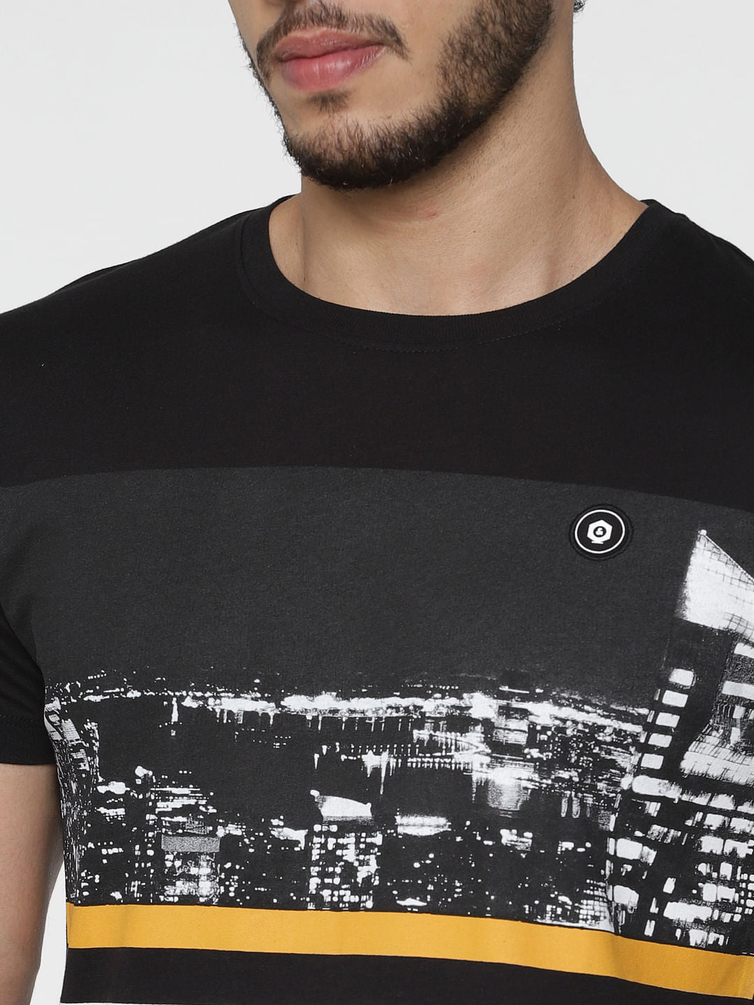 Black Graphic Print Slim Fit Crew Neck T-Shirt