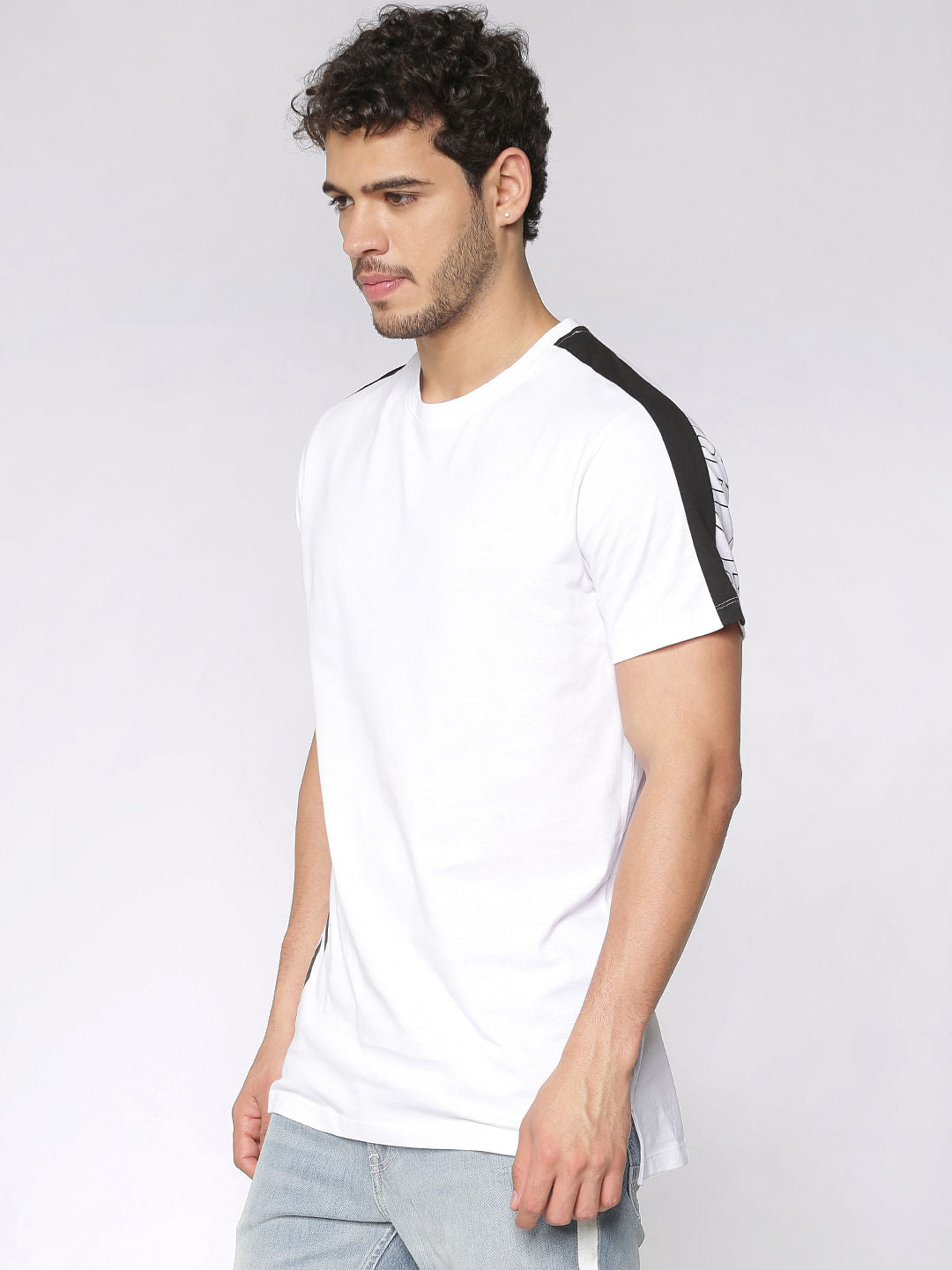 White Contrast Tape And Graphic Print Slim Fit Crew Neck T-Shirt - S