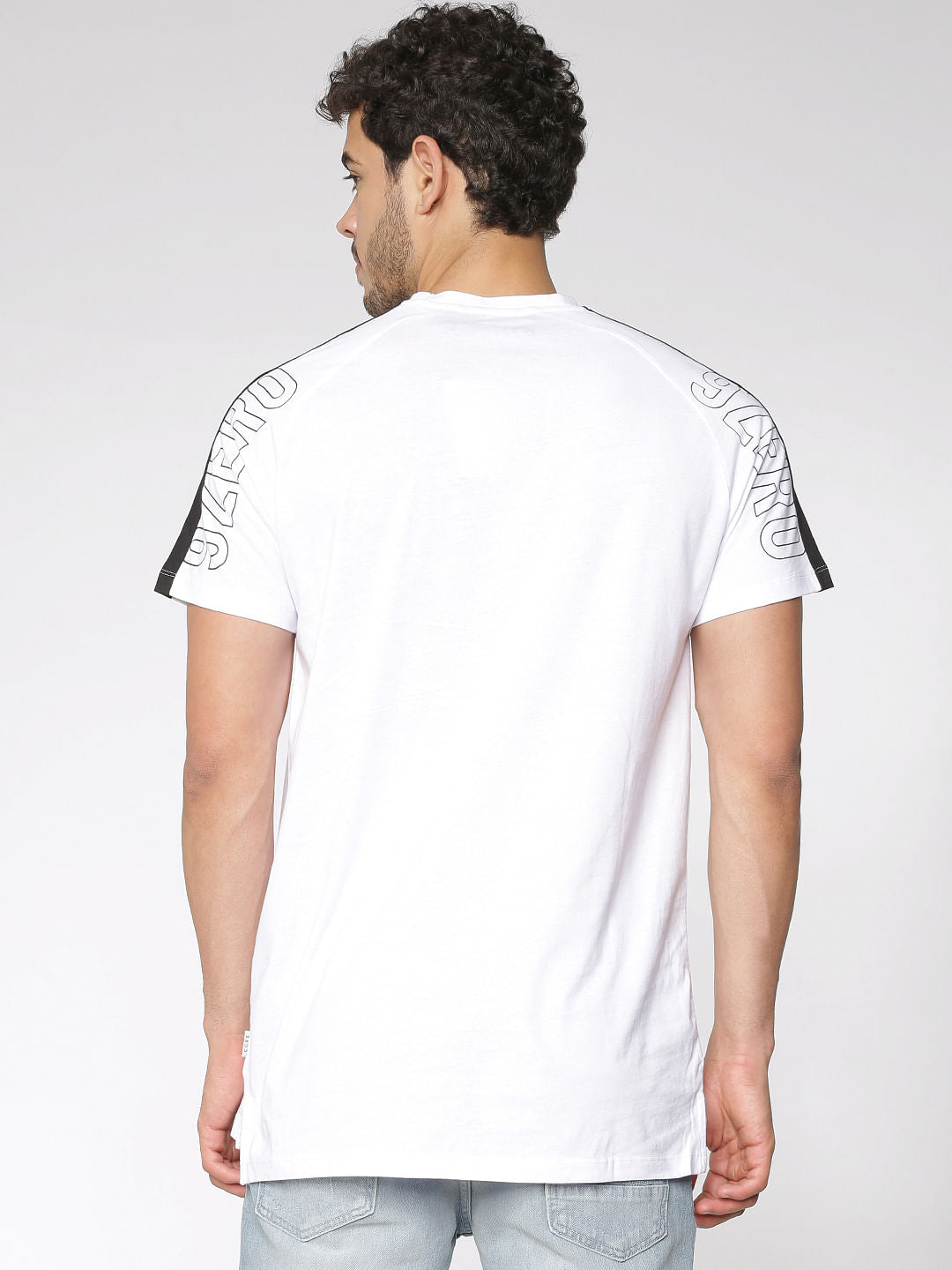 White Contrast Tape And Graphic Print Slim Fit Crew Neck T-Shirt
