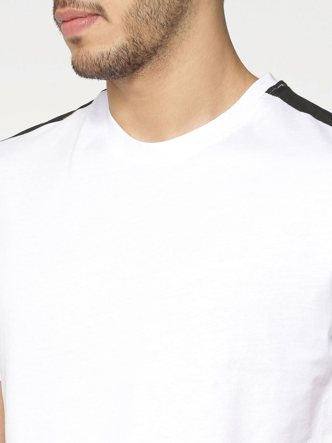 White Contrast Tape And Graphic Print Slim Fit Crew Neck T-Shirt