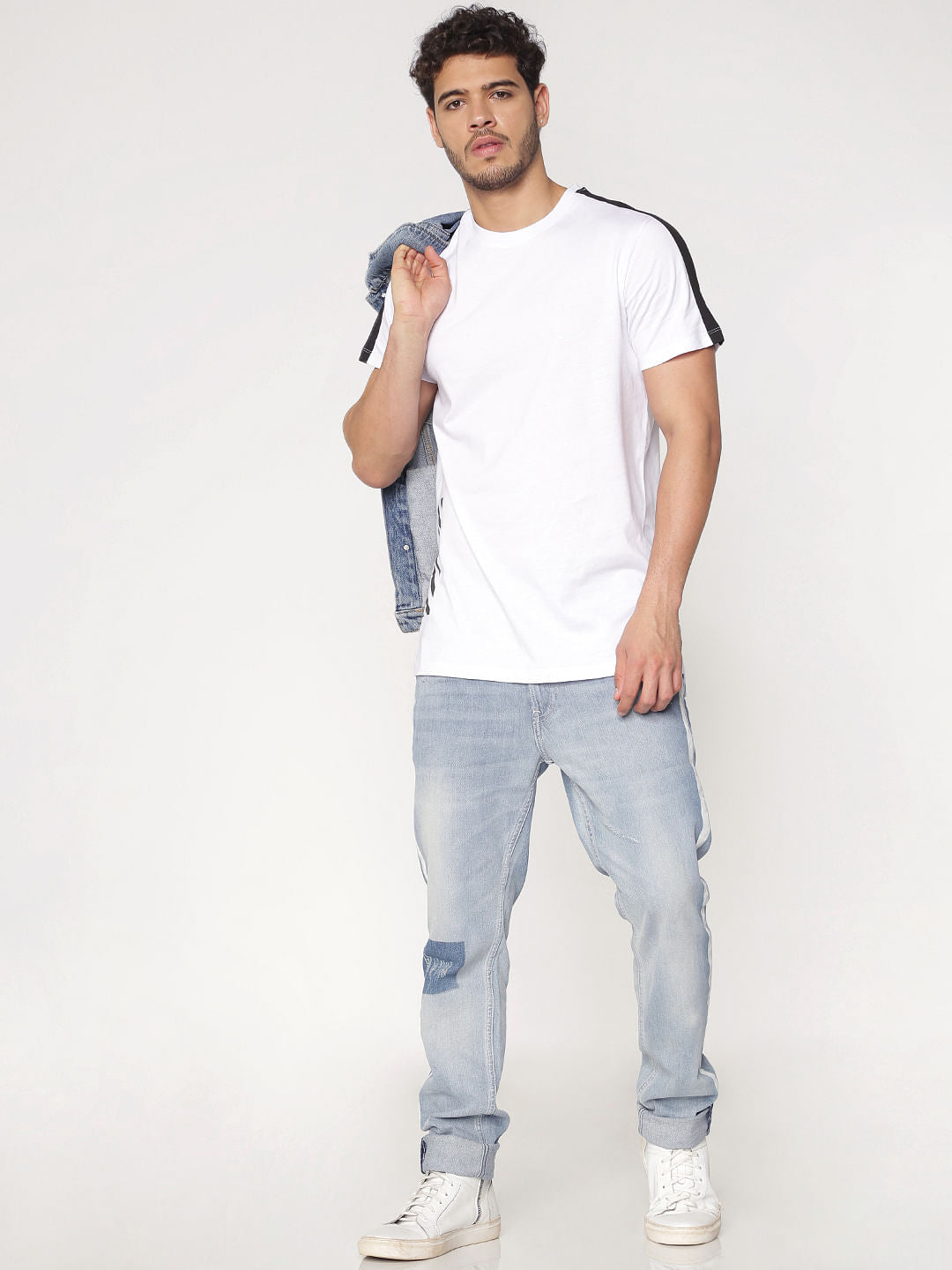 White Contrast Tape And Graphic Print Slim Fit Crew Neck T-Shirt