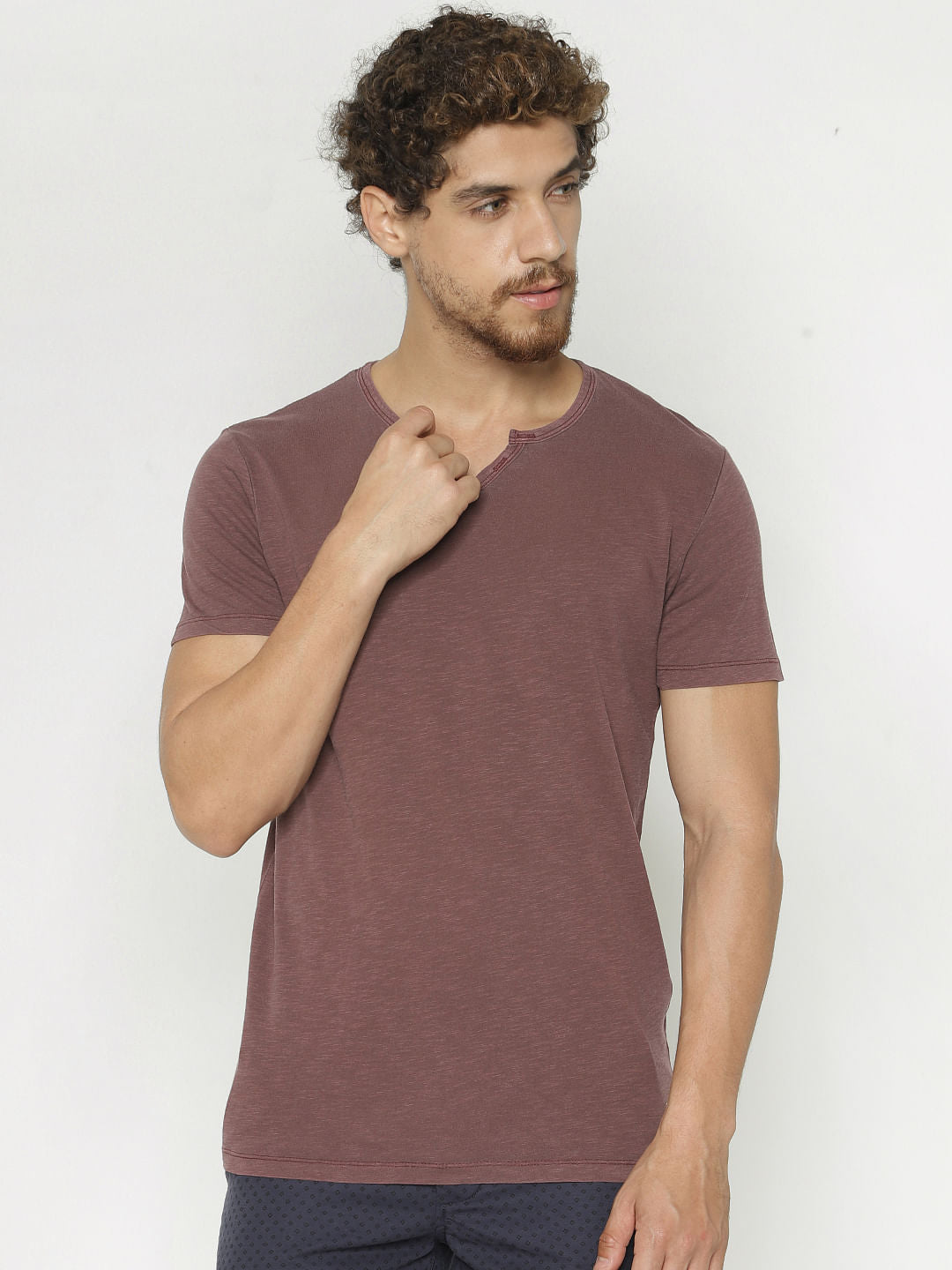 Maroon Faded Split Neck T-Shirt