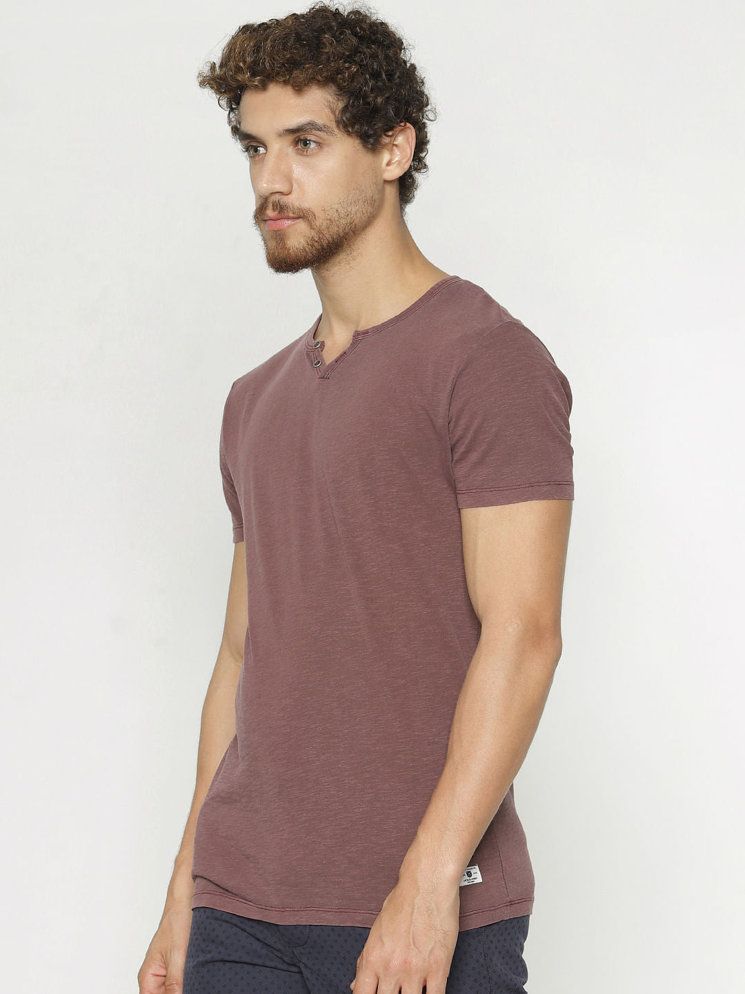 Maroon Faded Split Neck T-Shirt