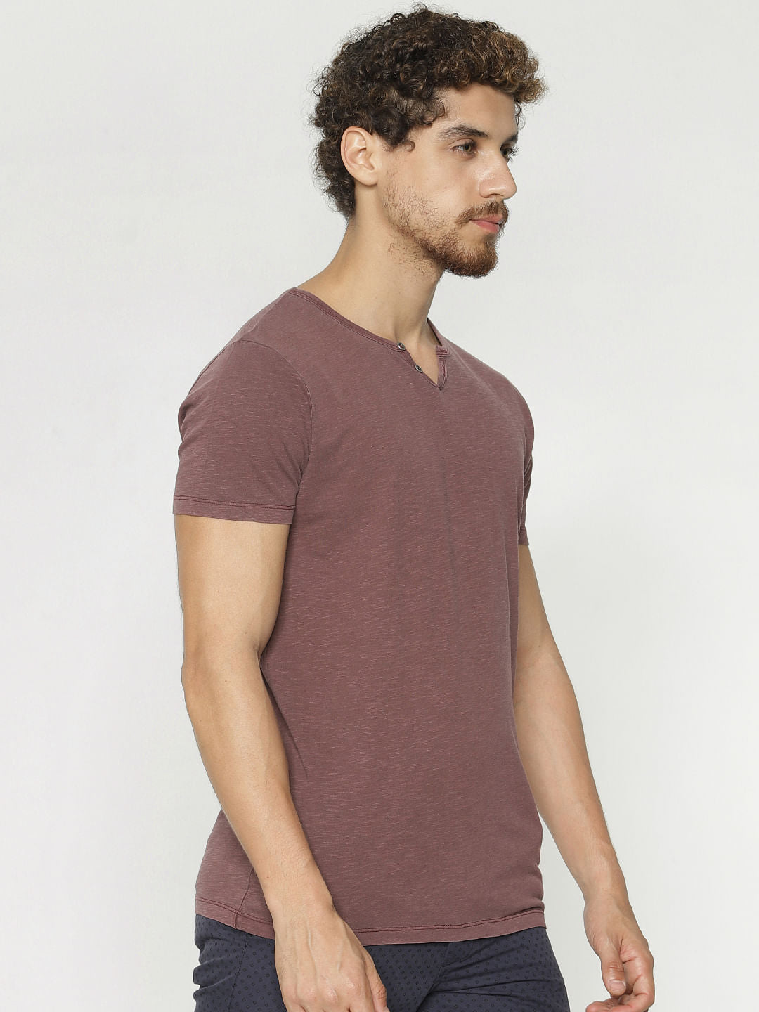 Maroon Faded Split Neck T-Shirt