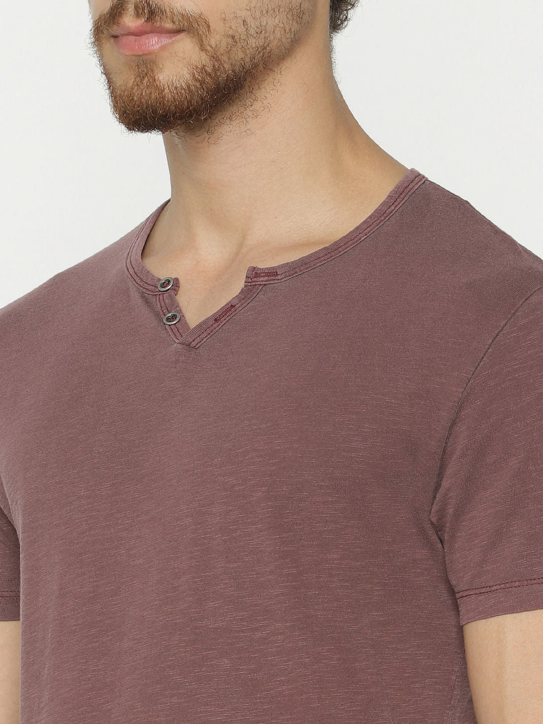 Maroon Faded Split Neck T-Shirt